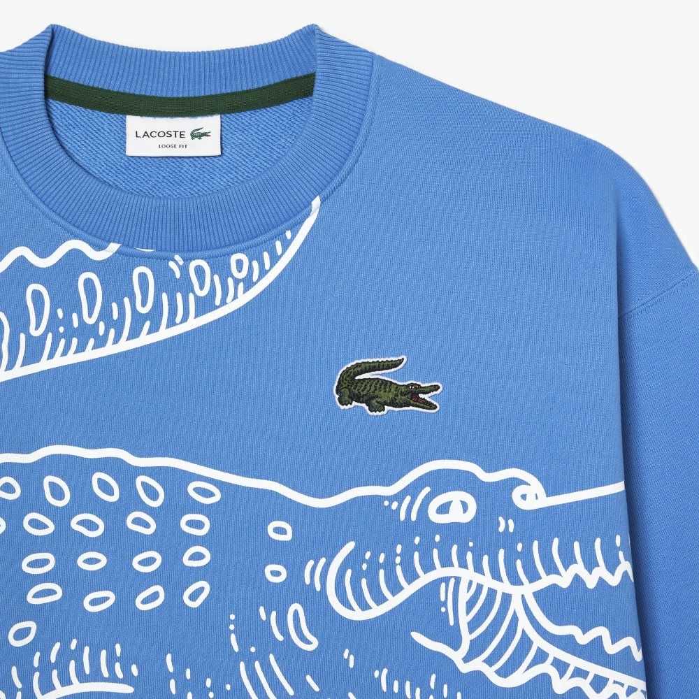 Lacoste Crew Neck Loose Fit Croc Print Blå | 1847-JCIXA