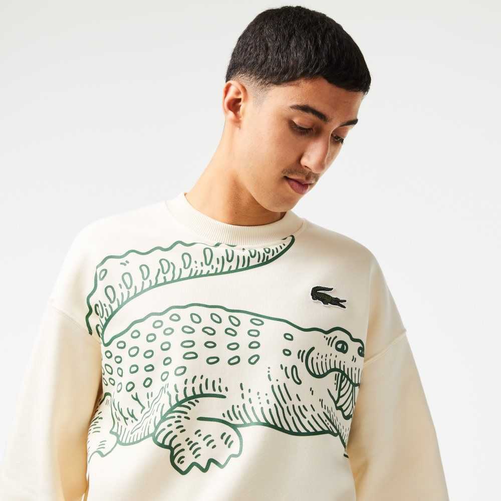 Lacoste Crew Neck Loose Fit Croc Print Hvite | 6251-JCFHW