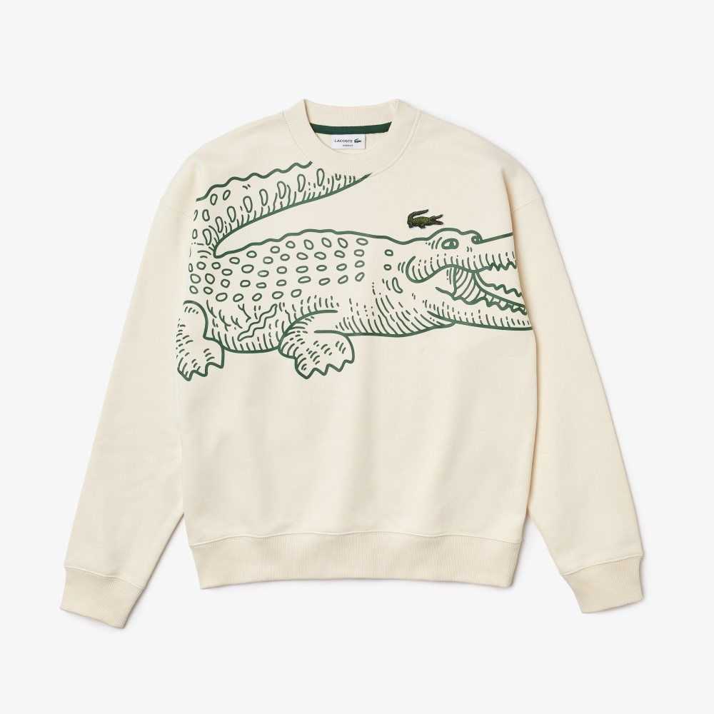 Lacoste Crew Neck Loose Fit Croc Print Hvite | 6251-JCFHW