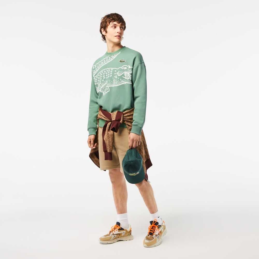 Lacoste Crew Neck Loose Fit Croc Print Khaki Grønn | 0761-TFSQW