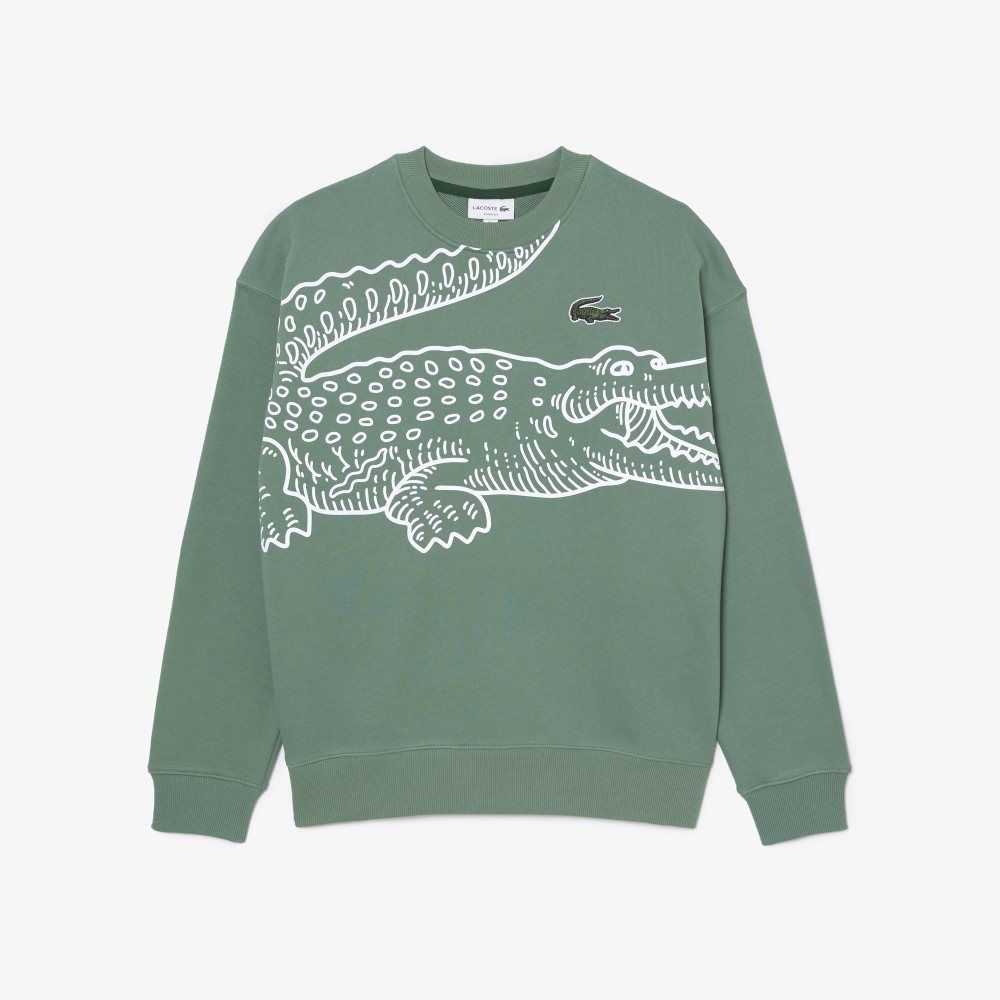 Lacoste Crew Neck Loose Fit Croc Print Khaki Grønn | 0761-TFSQW