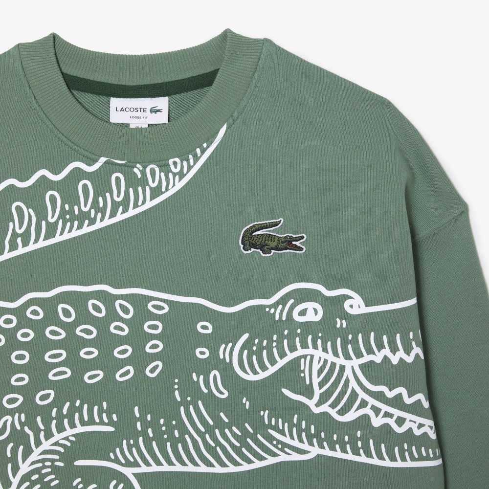 Lacoste Crew Neck Loose Fit Croc Print Khaki Grønn | 0761-TFSQW