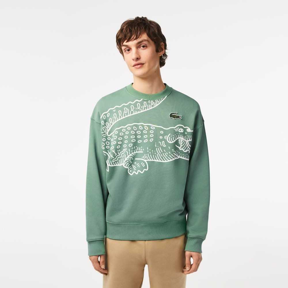 Lacoste Crew Neck Loose Fit Croc Print Khaki Grønn | 0761-TFSQW