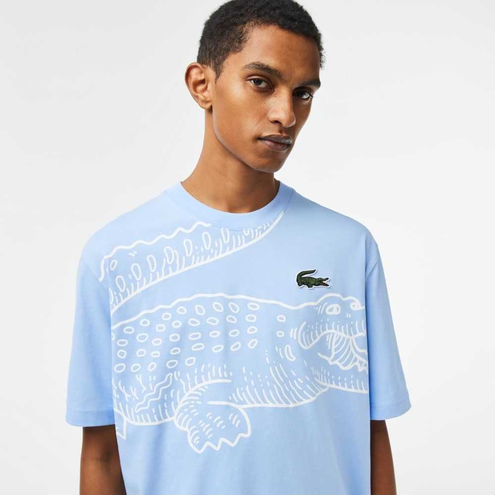 Lacoste Crew Neck Loose Fit Crocodile Print Blå | 5738-LRVDF