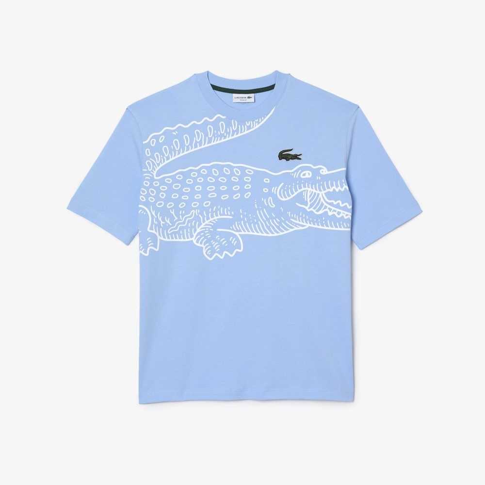 Lacoste Crew Neck Loose Fit Crocodile Print Blå | 5738-LRVDF