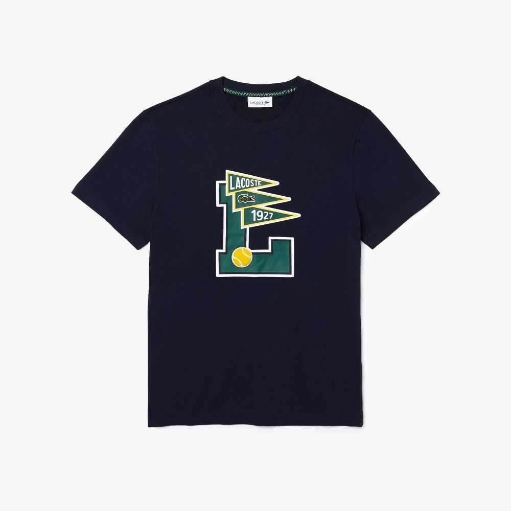 Lacoste Crew Neck Pennants L Badge Bomull Marineblå Blå | 9817-YAXDC