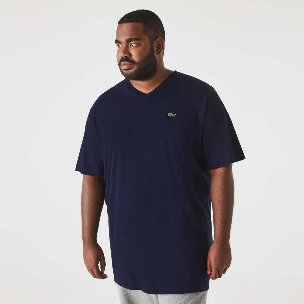 Lacoste Høye Fit Ribbet V-Neck Bomull Polo Marineblå Blå | 4037-ZHEMI