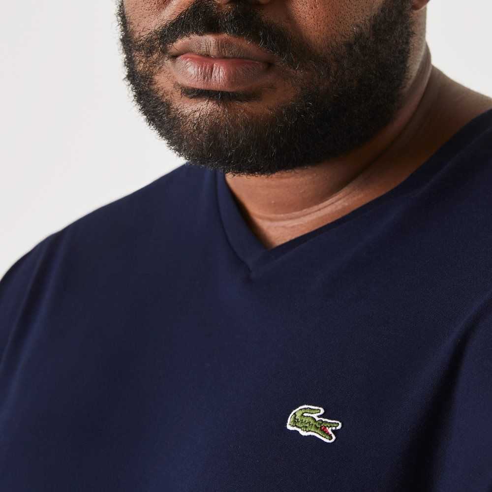 Lacoste Høye Fit Ribbet V-Neck Bomull Polo Marineblå Blå | 4037-ZHEMI