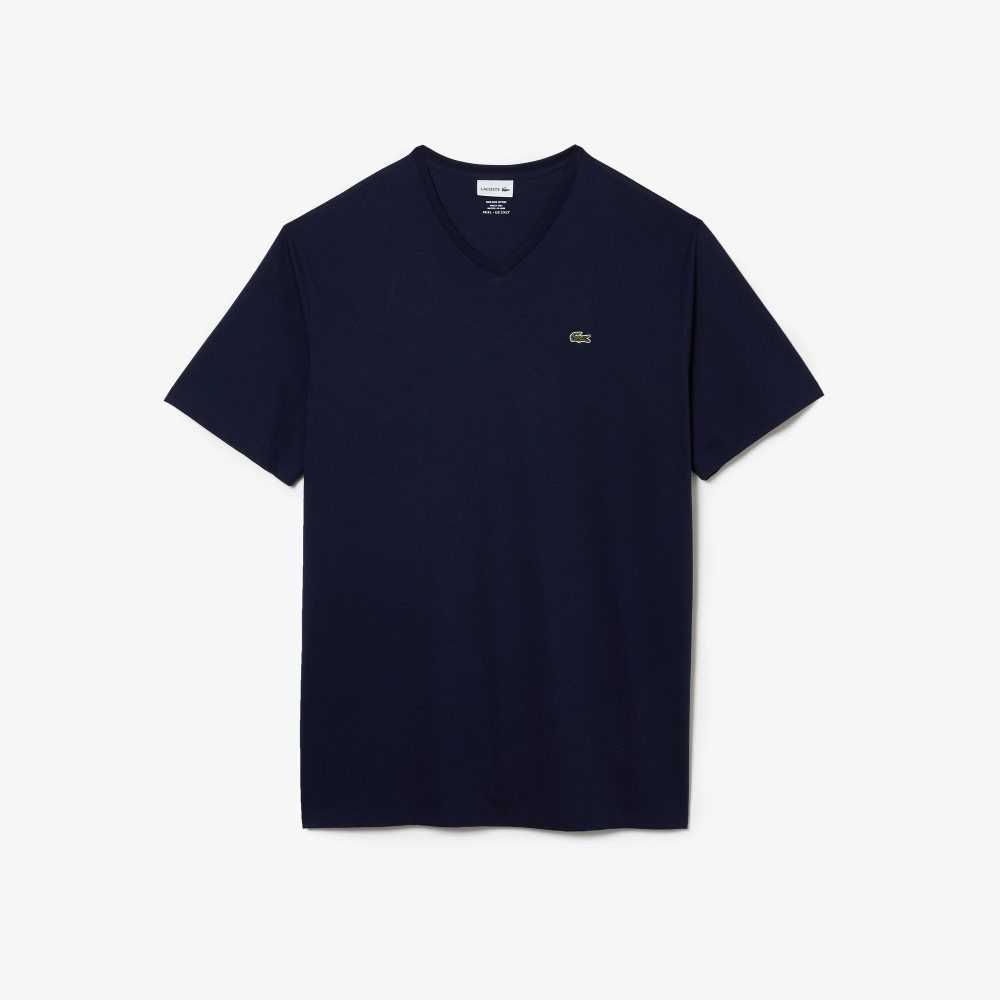 Lacoste Høye Fit Ribbet V-Neck Bomull Polo Marineblå Blå | 4037-ZHEMI