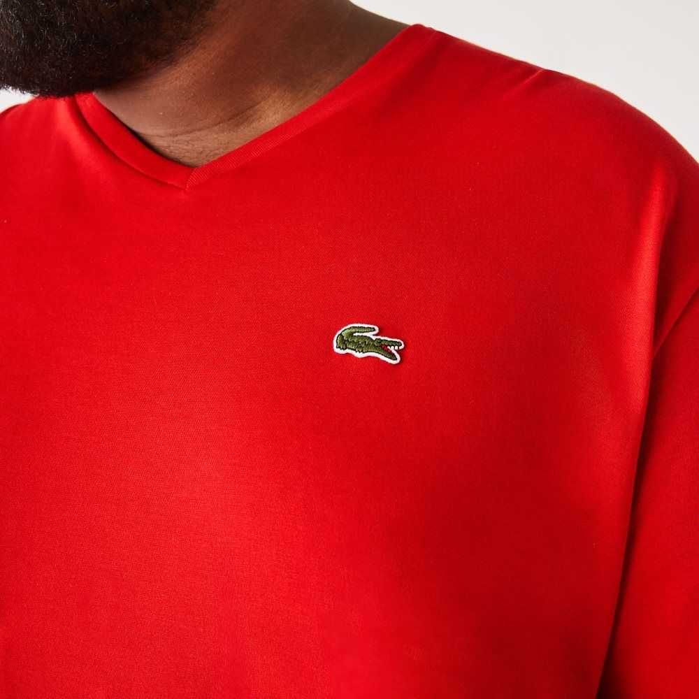 Lacoste Høye Fit Ribbet V-Neck Bomull Polo Rød | 7492-BDREA