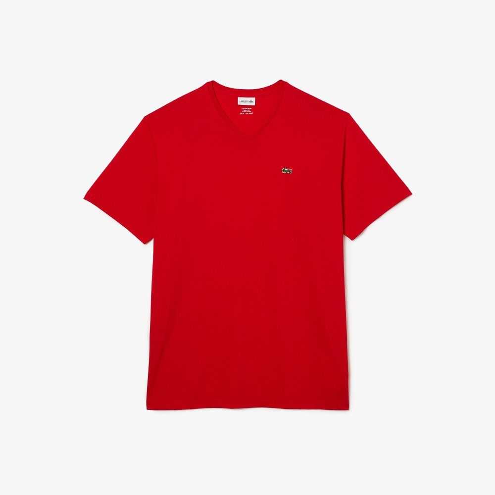 Lacoste Høye Fit Ribbet V-Neck Bomull Polo Rød | 7492-BDREA