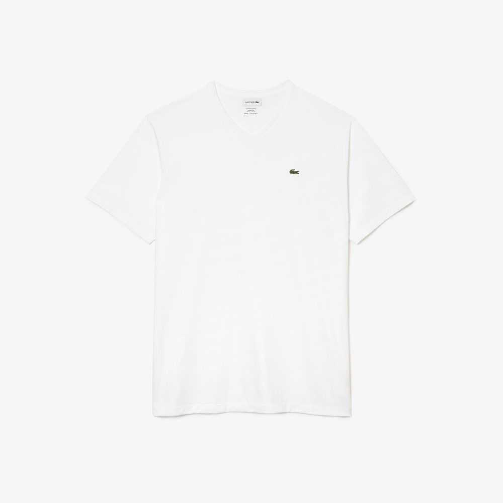 Lacoste Høye Fit Ribbet V-Neck Bomull Polo Hvite | 9657-JHUDP