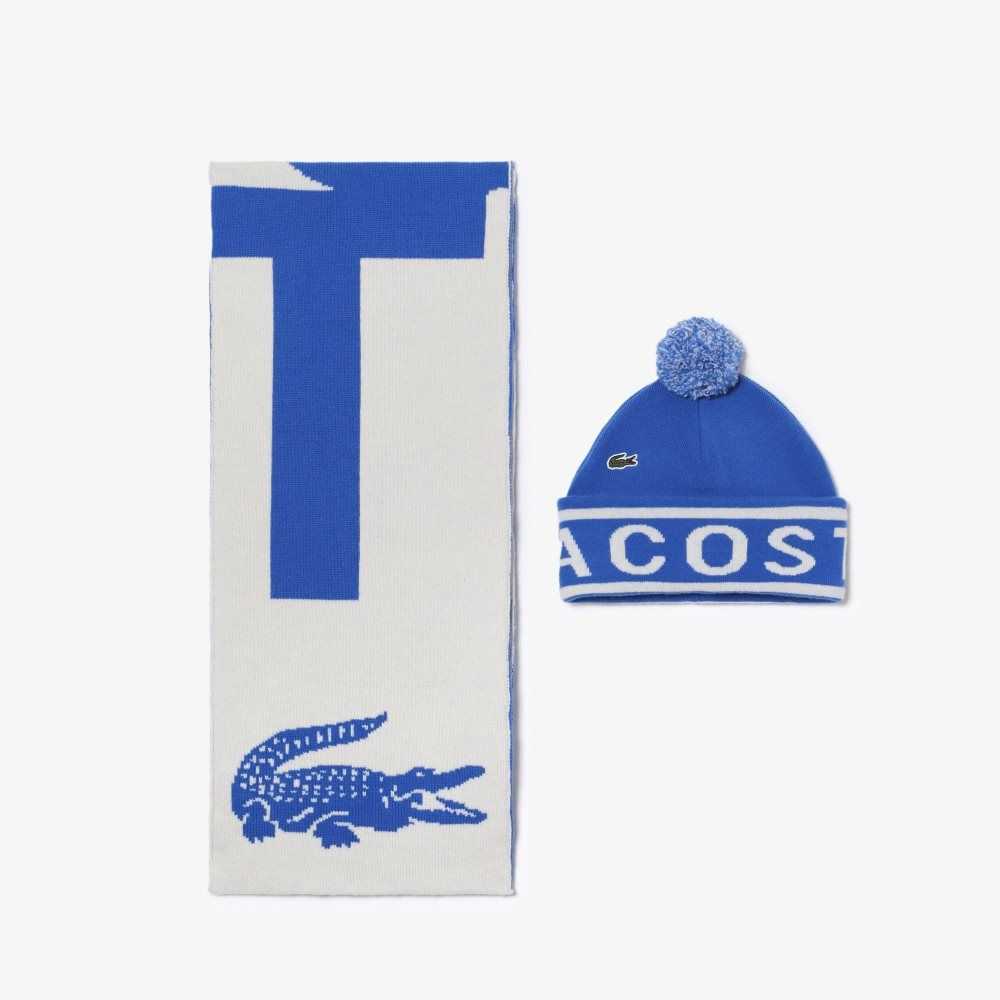 Lacoste Jacquard Knit Beanie And Scarf Gift Set Blå Hvite | 0134-SDFQB