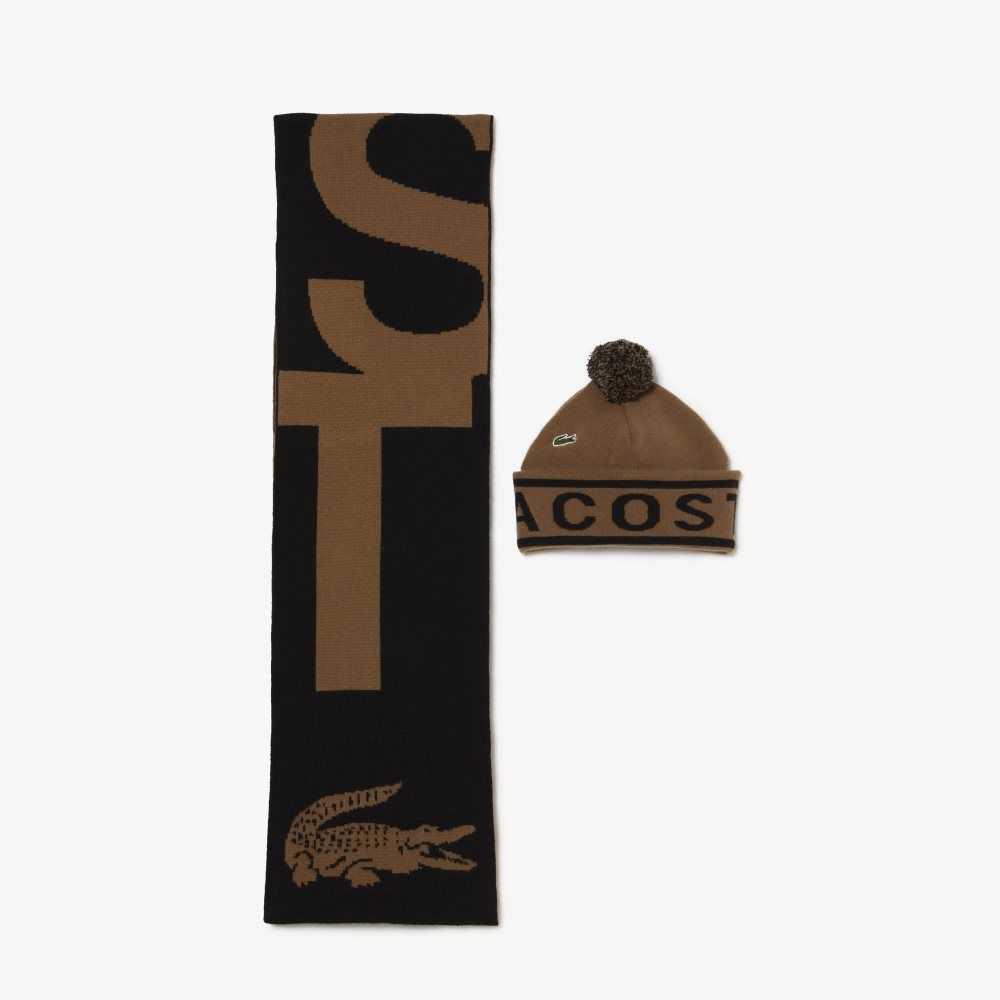 Lacoste Jacquard Knit Beanie And Scarf Gift Set Brune Svarte | 0851-WJSDB