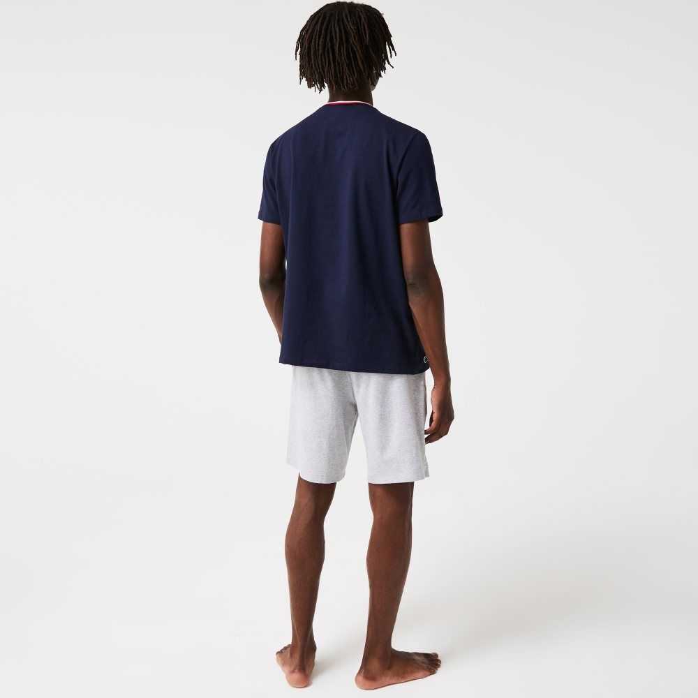 Lacoste Kort Sleeve Three-Tone Crew Neck Pajama T-Shirt Marineblå Blå | 4982-GVXPE