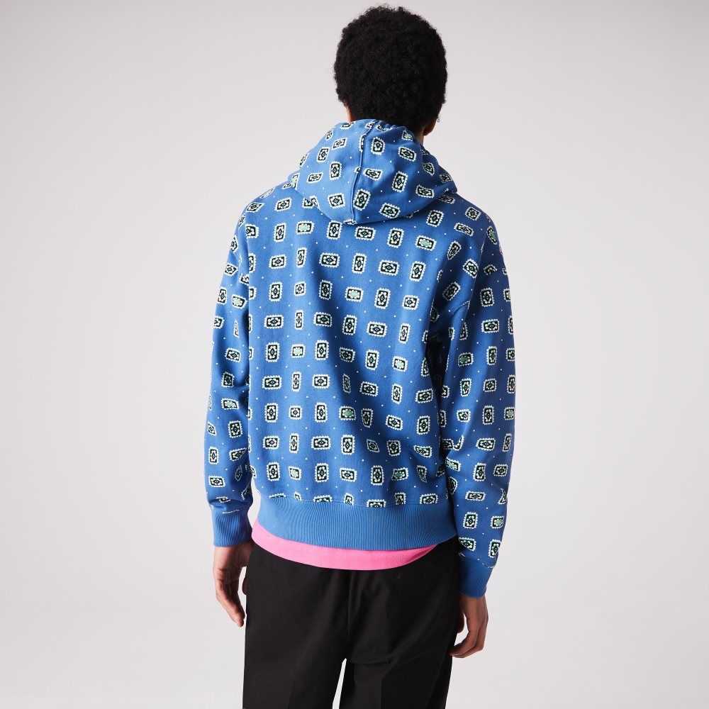 Lacoste LIVE Loose Fit Print Bomull Hoodie Blå Hvite | 1843-GJHCA