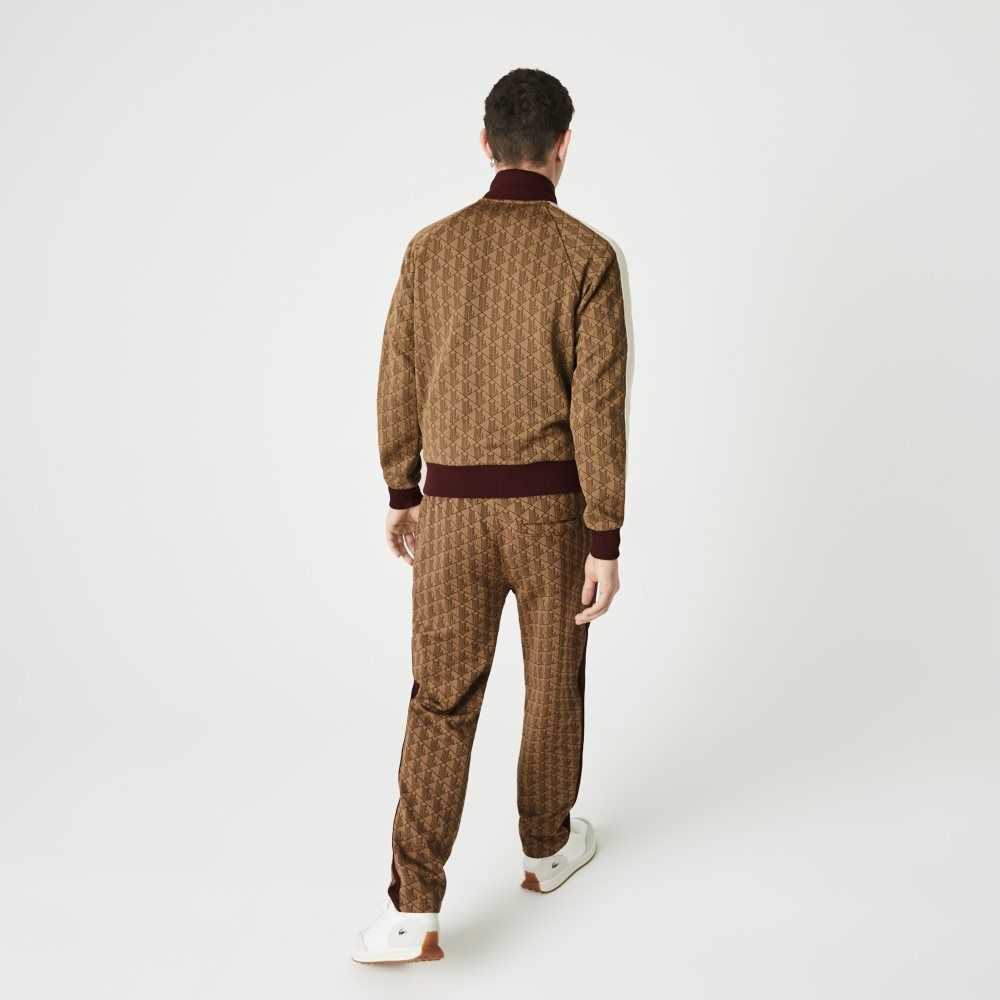 Lacoste LIVE Monogram Jacquard Tracksuit Beige Burgunder | 5738-AVBFN