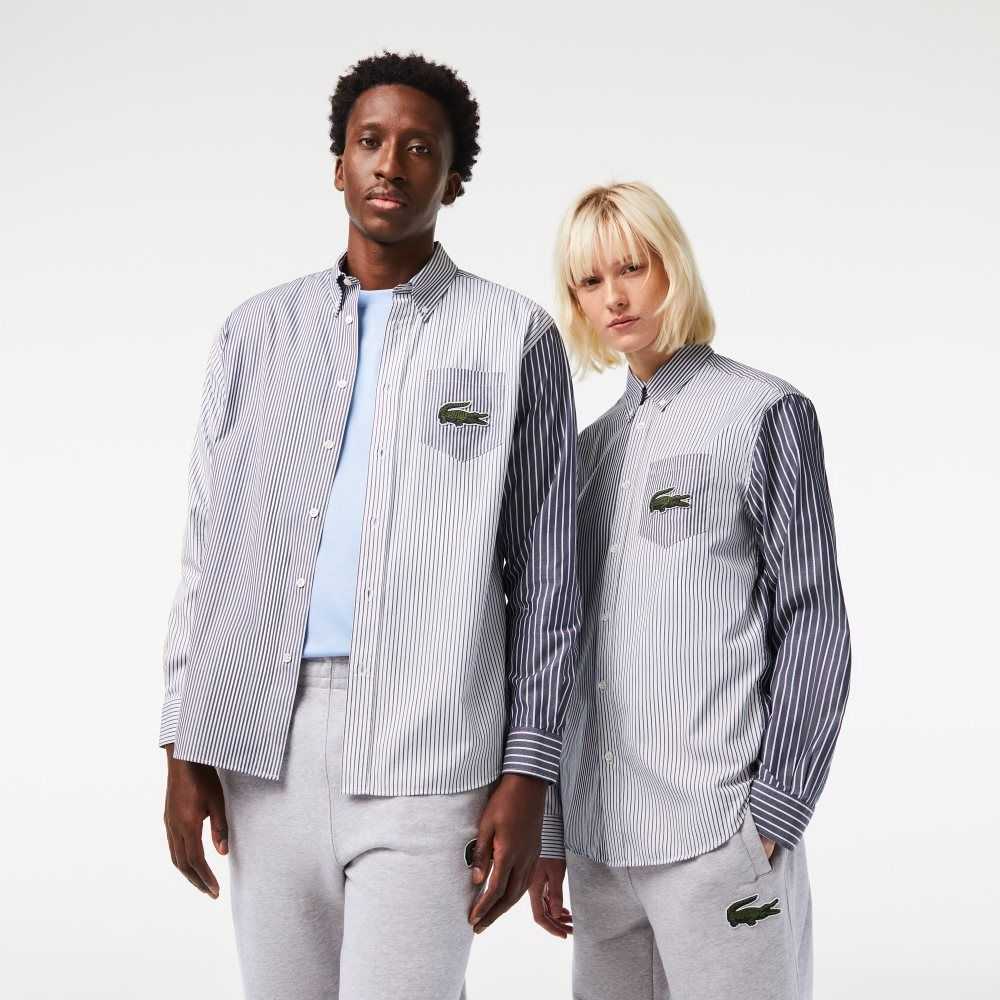 Lacoste Large Crocodile Stripete Bomull Hvite Marineblå Blå | 2451-HSOLZ