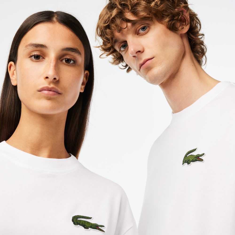 Lacoste Loose Fit Large Crocodile Organic Bomull Hvite | 1857-CHJYF