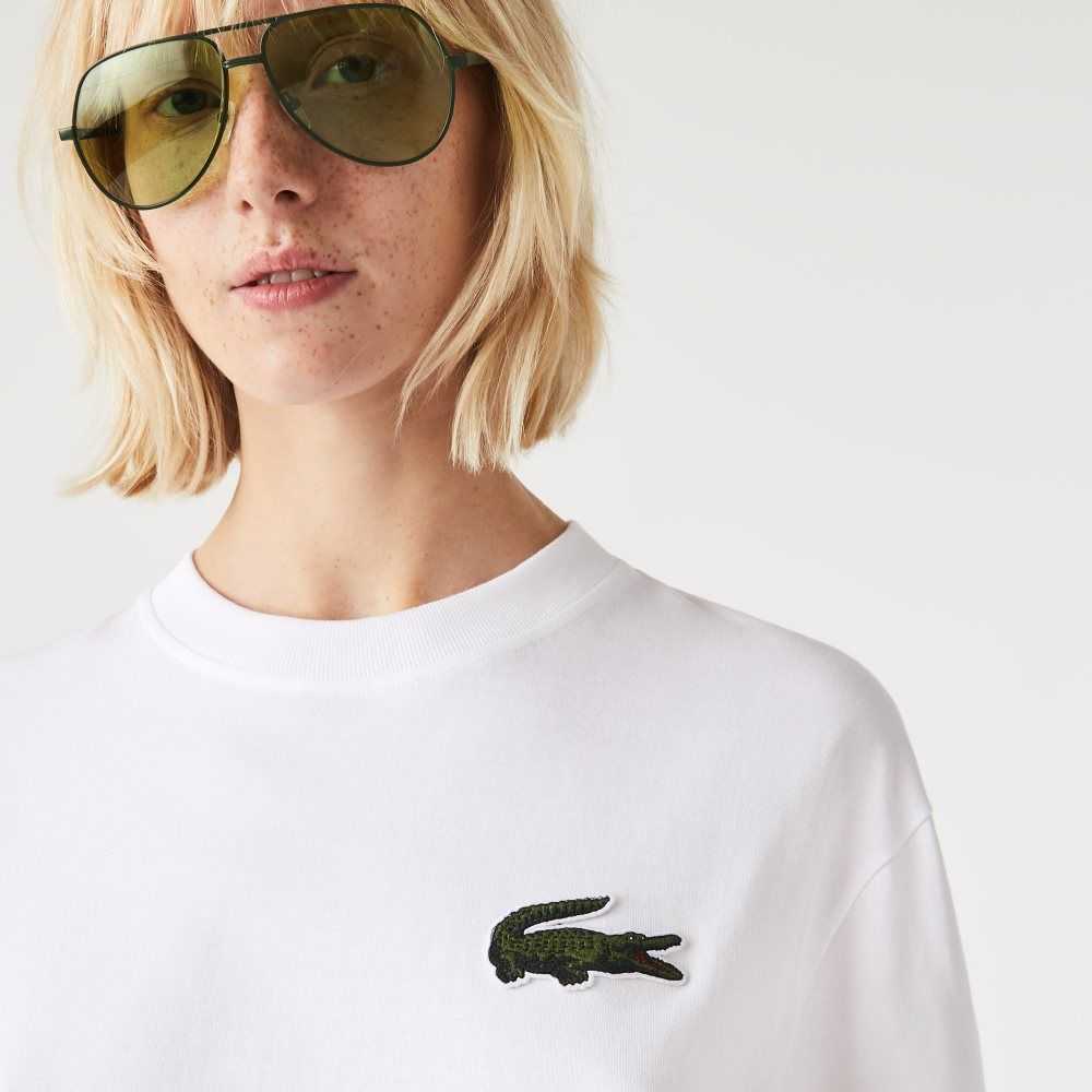 Lacoste Loose Fit Large Crocodile Organic Bomull Hvite | 1857-CHJYF