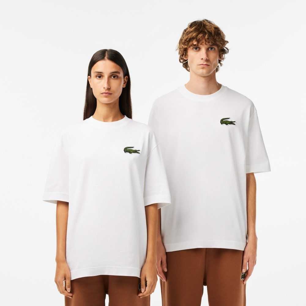 Lacoste Loose Fit Large Crocodile Organic Bomull Hvite | 1857-CHJYF