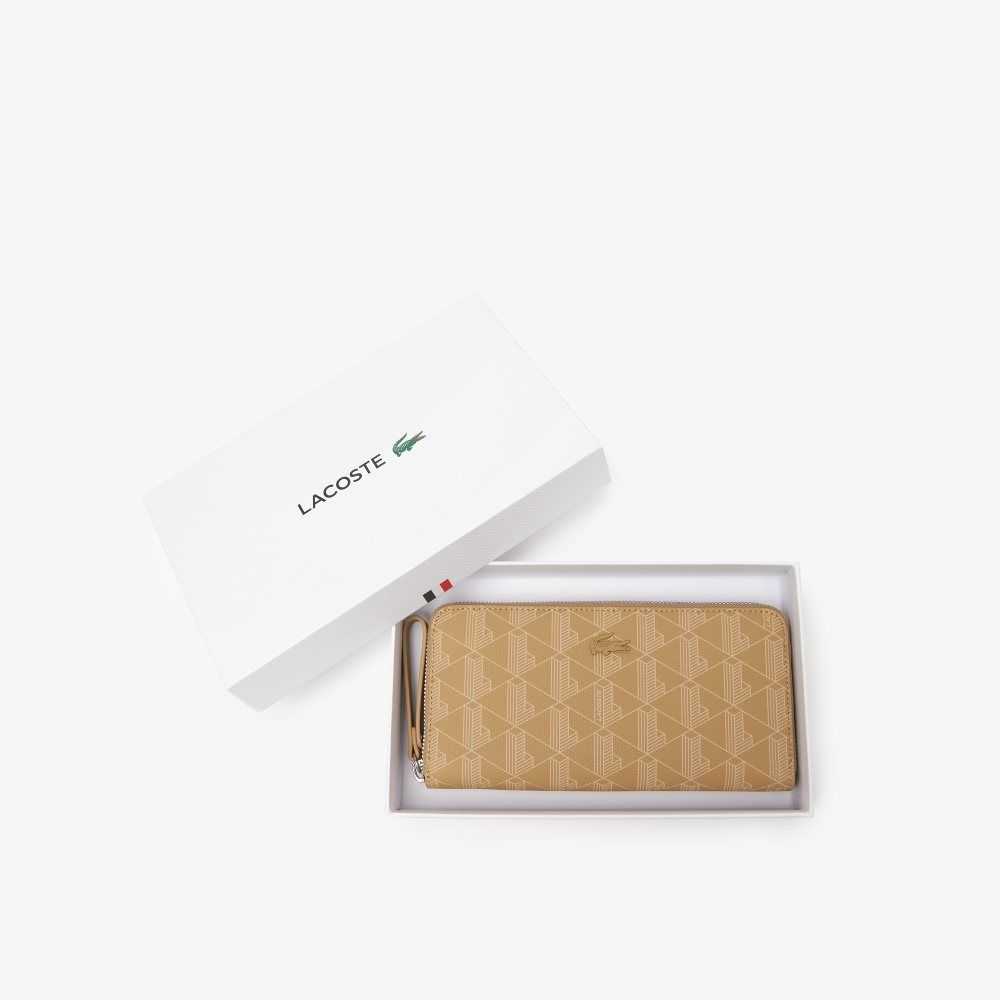 Lacoste Monogram Print Zip Wallet Beige | 3710-DTJUK