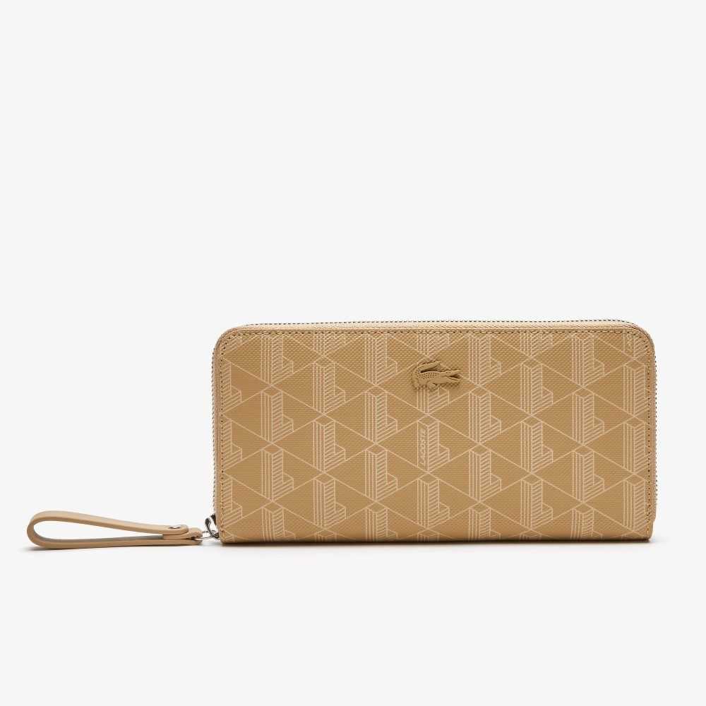 Lacoste Monogram Print Zip Wallet Beige | 3710-DTJUK