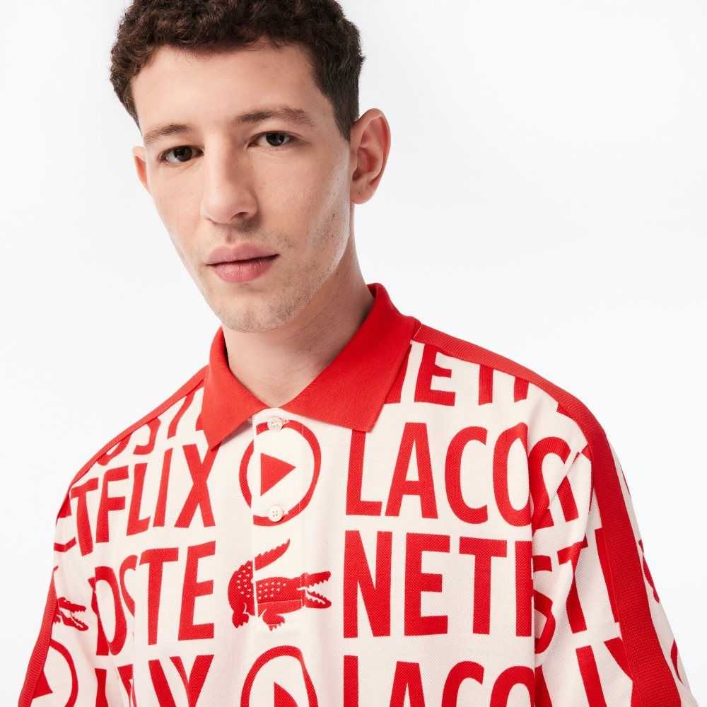 Lacoste Netflix Loose Fit Organic Bomull Print Hvite Rød | 5723-CGEYU