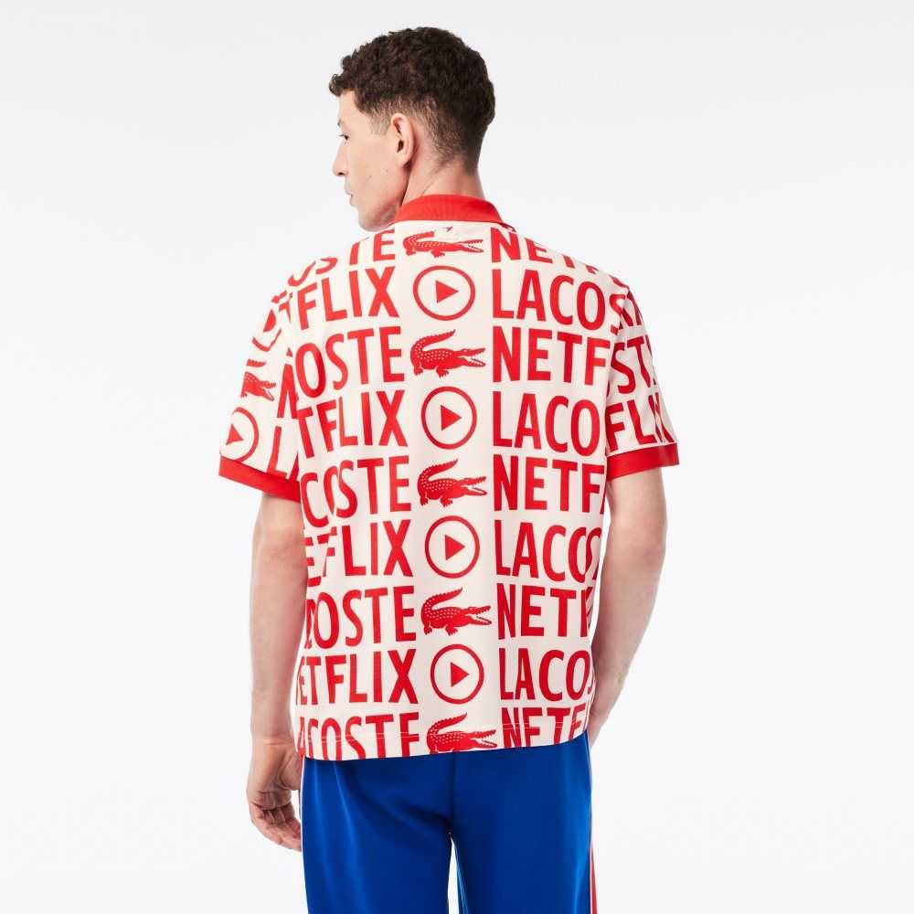 Lacoste Netflix Loose Fit Organic Bomull Print Hvite Rød | 5723-CGEYU