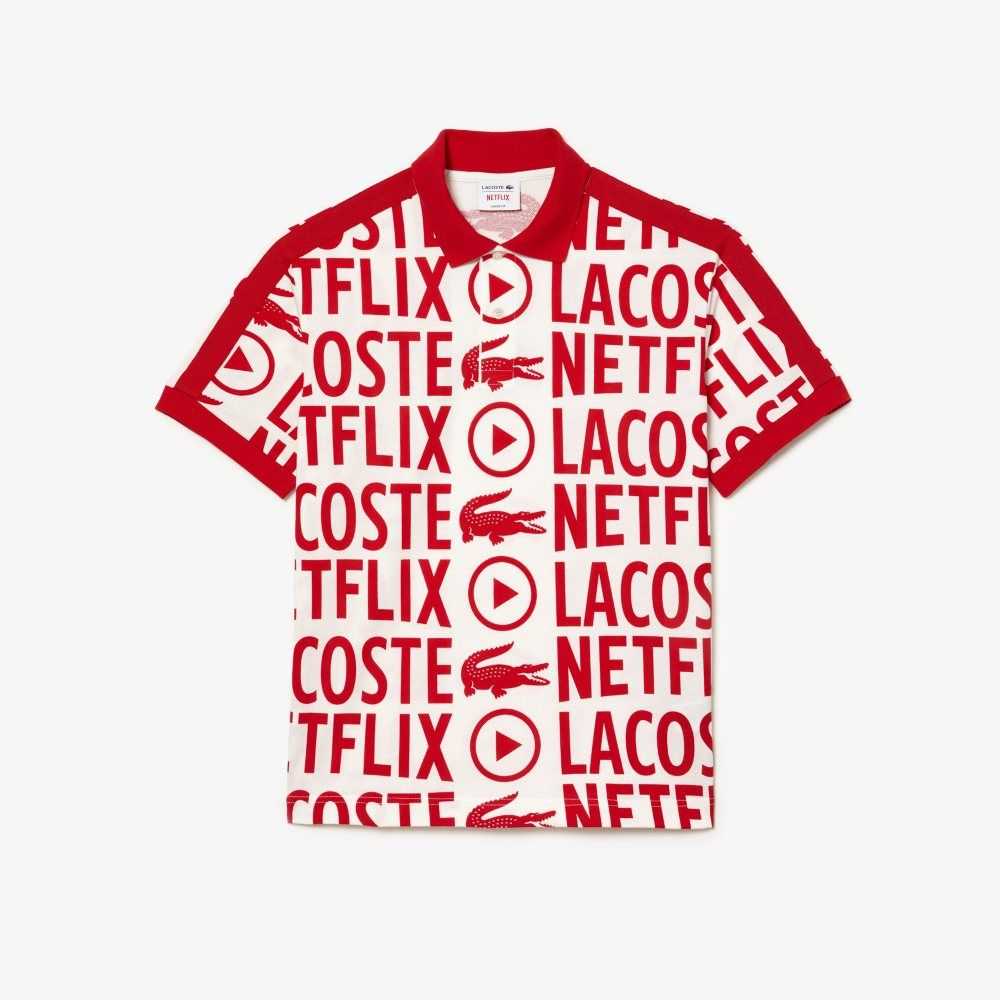 Lacoste Netflix Loose Fit Organic Bomull Print Hvite Rød | 5723-CGEYU