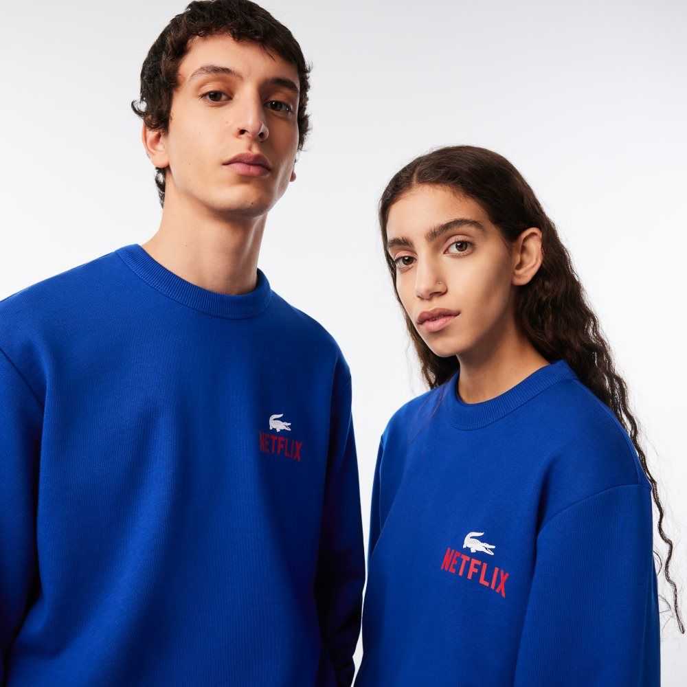 Lacoste Netflix Round Neck Print Back Blå | 6980-SKODM