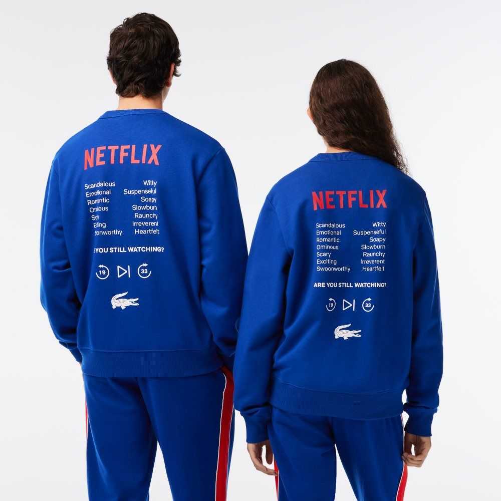 Lacoste Netflix Round Neck Print Back Blå | 6980-SKODM