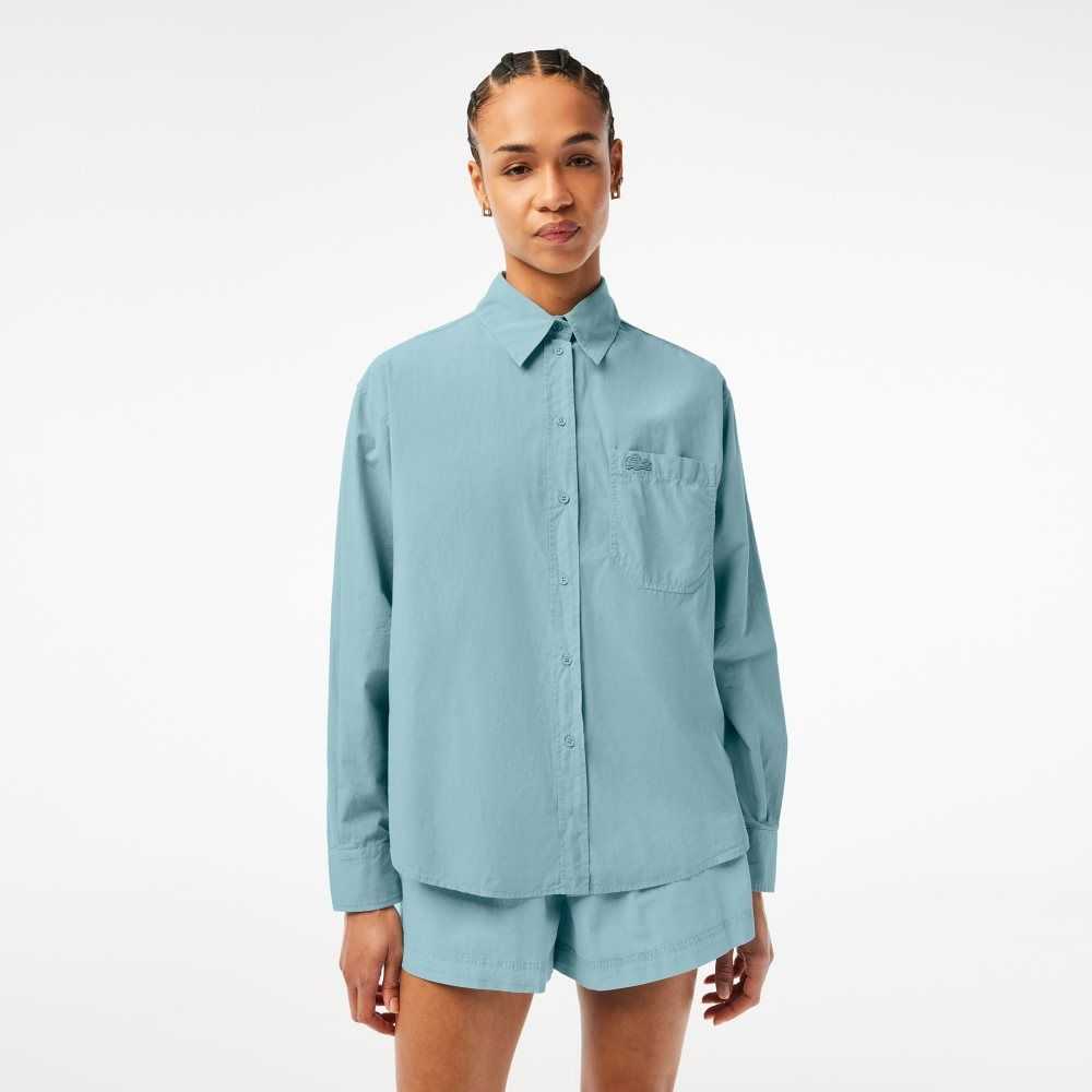 Lacoste Oversized Bomull Poplin Shirt Blå | 4390-AUGXQ