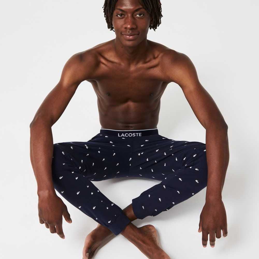 Lacoste Printed Jersey Pajama Pants Marineblå Blå Hvite | 9576-OQUMR