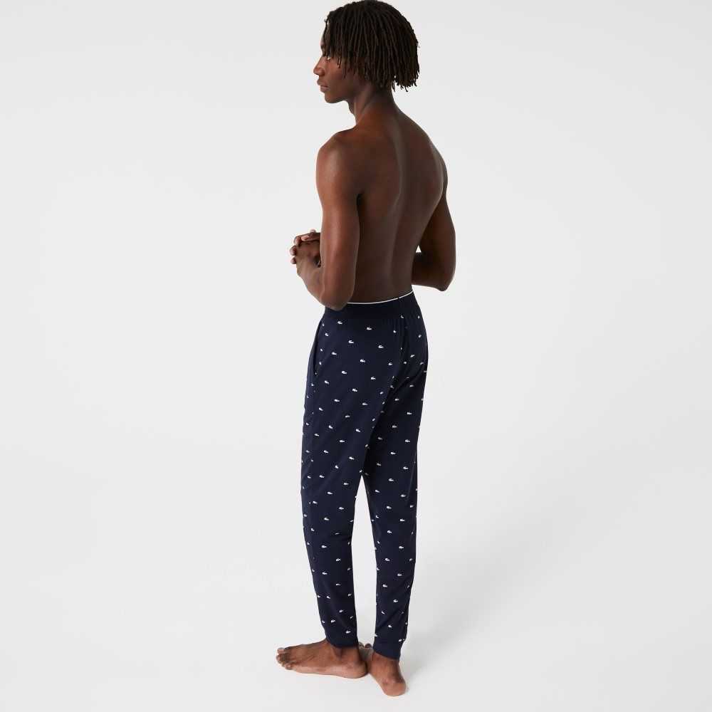 Lacoste Printed Jersey Pajama Pants Marineblå Blå Hvite | 9576-OQUMR