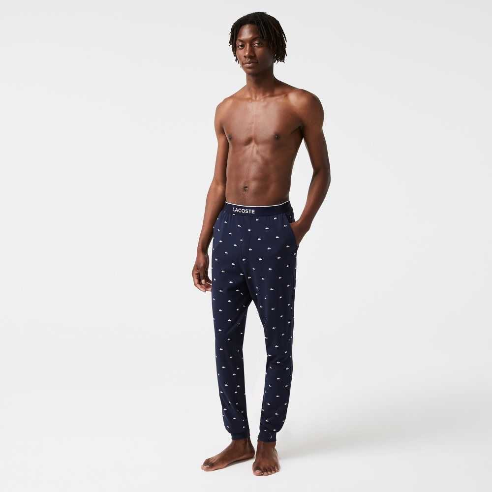 Lacoste Printed Jersey Pajama Pants Marineblå Blå Hvite | 9576-OQUMR