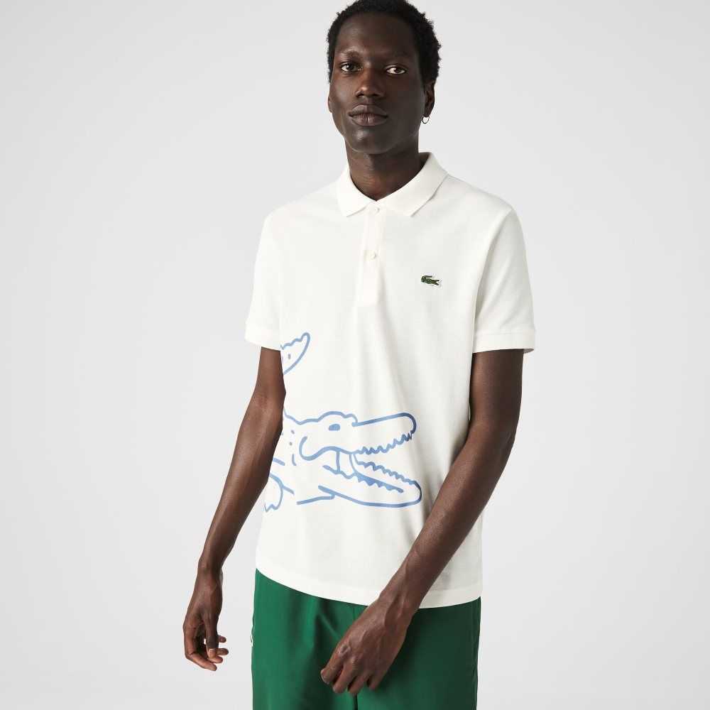 Lacoste Regular Fit Crocodile Print Bomull Pique Hvite | 8214-JQBFP