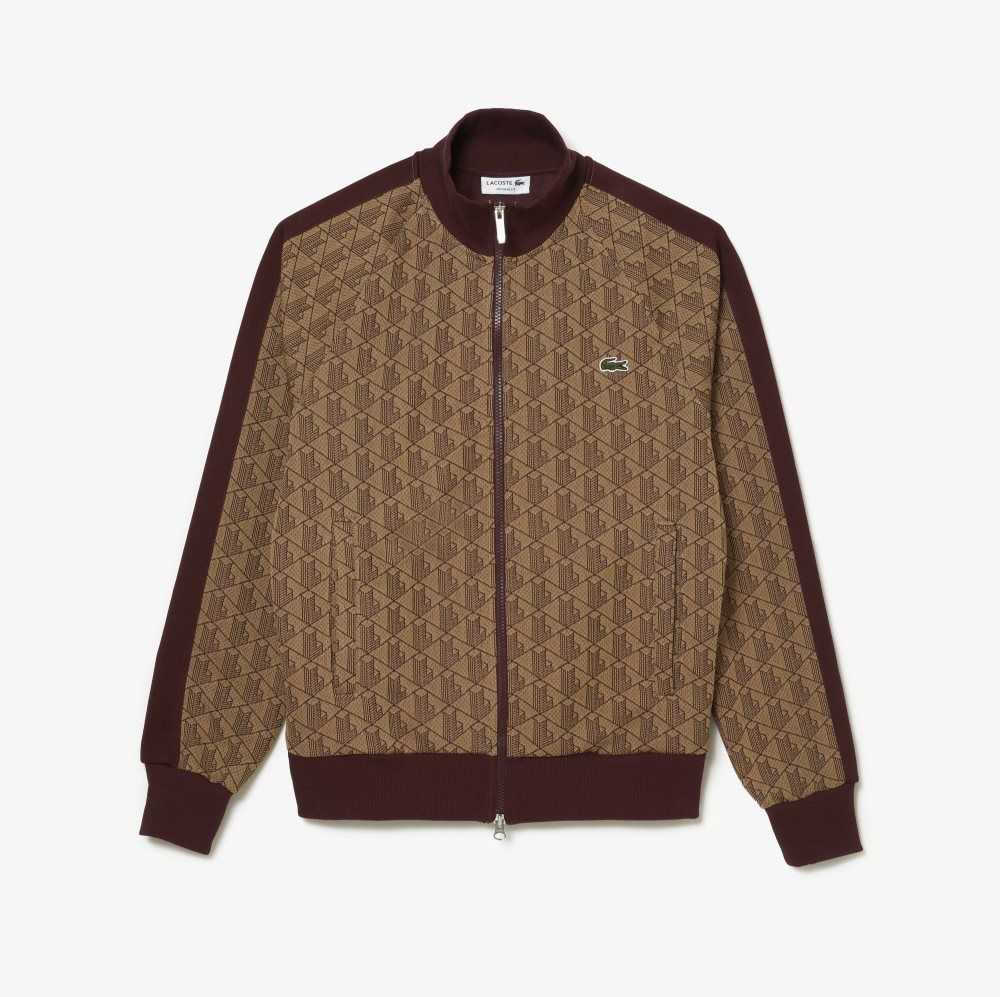 Lacoste Regular Fit Monogram Print Zip Beige Burgunder | 3510-FKMHY