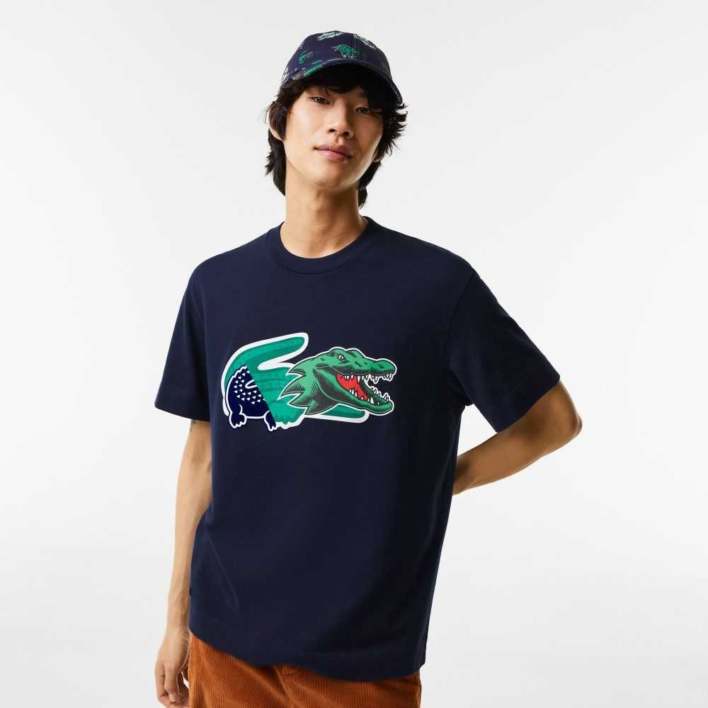 Lacoste Relaxed Fit Oversized Crocodile Marineblå Blå | 9501-EQNUD