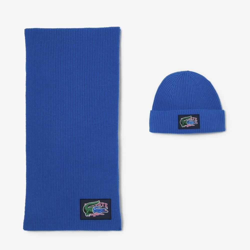 Lacoste Ribbet Ull Beanie And Scarf Gift Set Blå | 0758-TWXJB