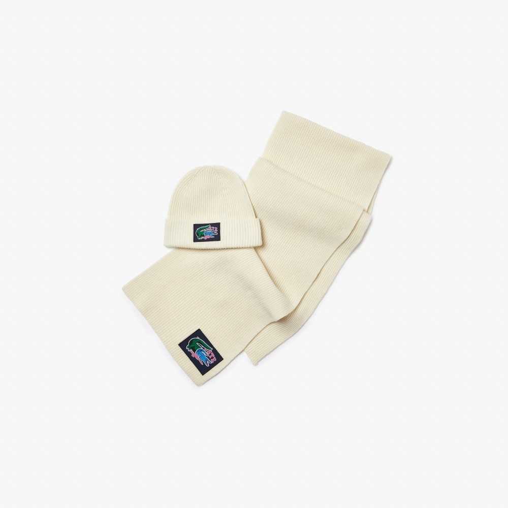 Lacoste Ribbet Ull Beanie And Scarf Gift Set Hvite | 1376-GQXLA