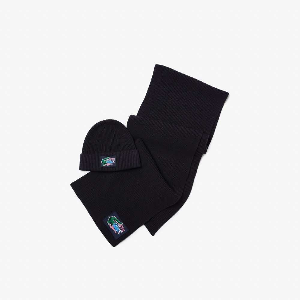 Lacoste Ribbet Ull Beanie And Scarf Gift Set Marineblå Blå | 6053-OFBVD