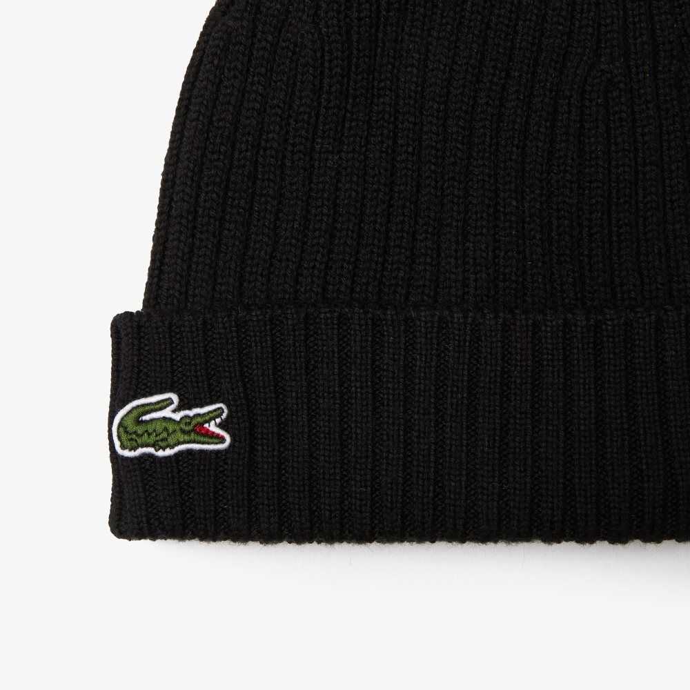 Lacoste Ribbet Ull Beanie Svarte | 4625-DQWXN