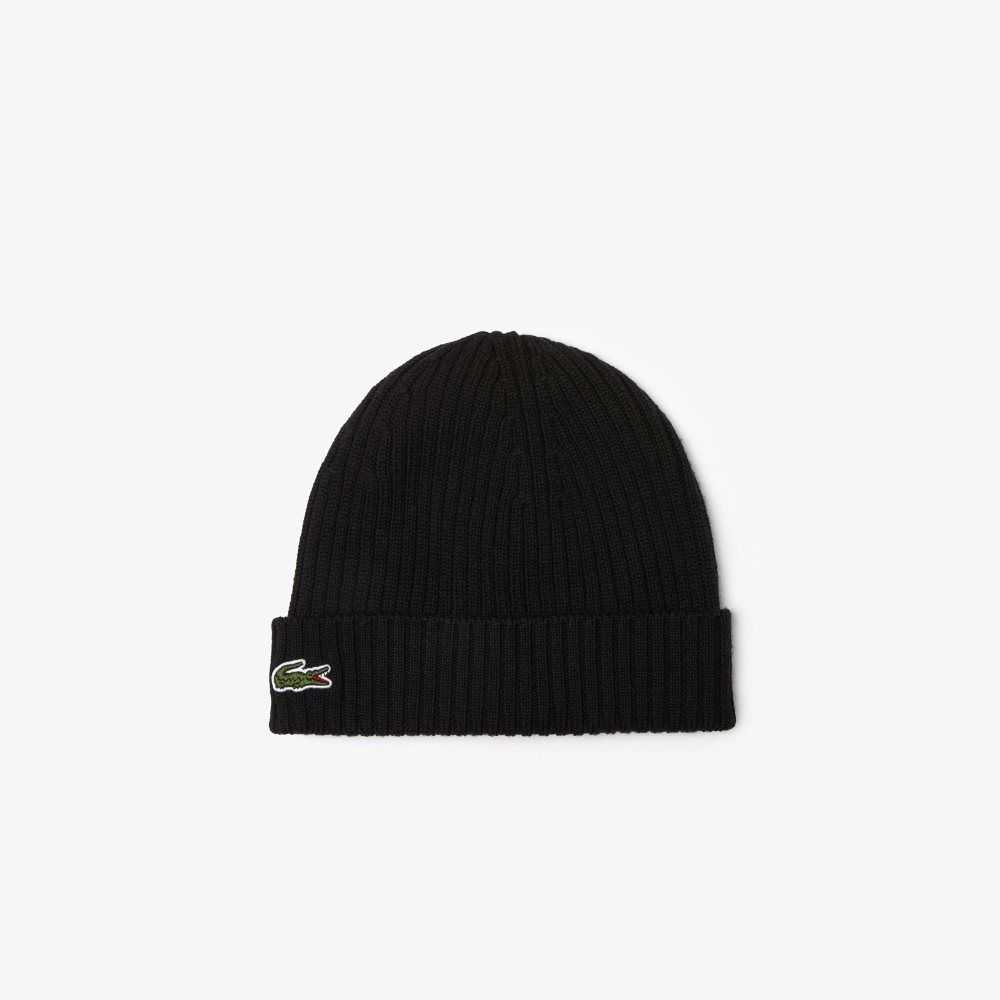 Lacoste Ribbet Ull Beanie Svarte | 4625-DQWXN