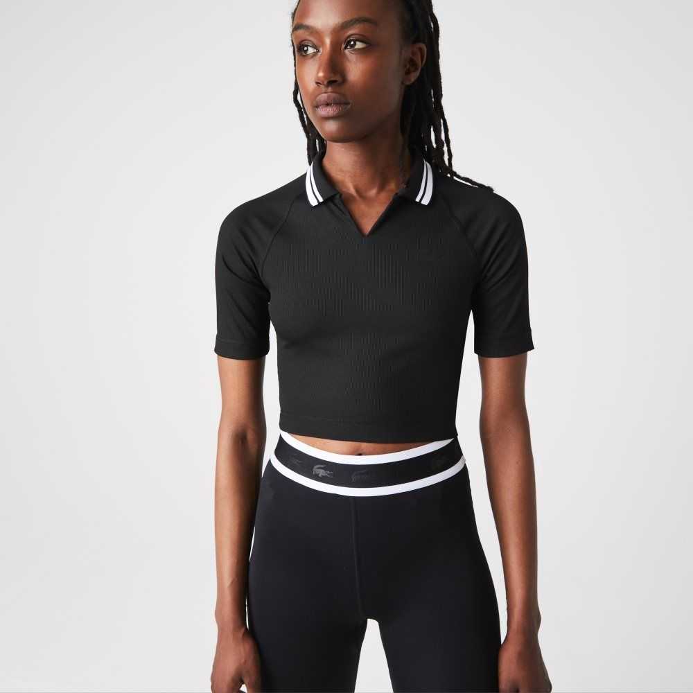 Lacoste SPORT Ribbet Kort And Stretch Polo Svarte | 9846-ZSDLK