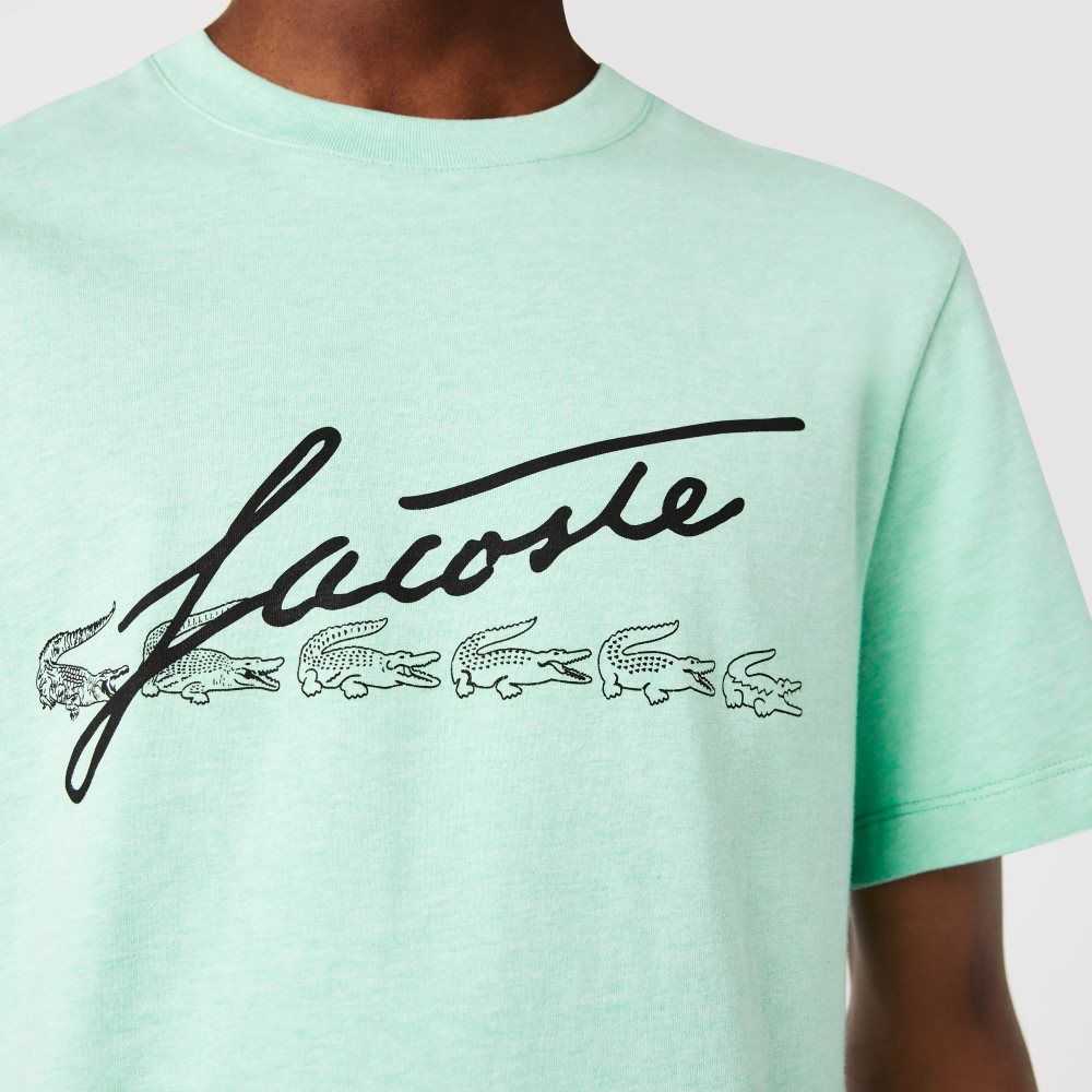 Lacoste Signature And Crocodile Print Crew Neck Bomull Grønn | 0715-BENWG