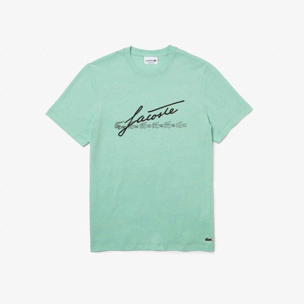 Lacoste Signature And Crocodile Print Crew Neck Bomull Grønn | 0715-BENWG