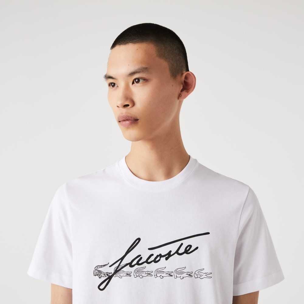 Lacoste Signature And Crocodile Print Crew Neck Bomull Hvite | 5682-ETYMZ