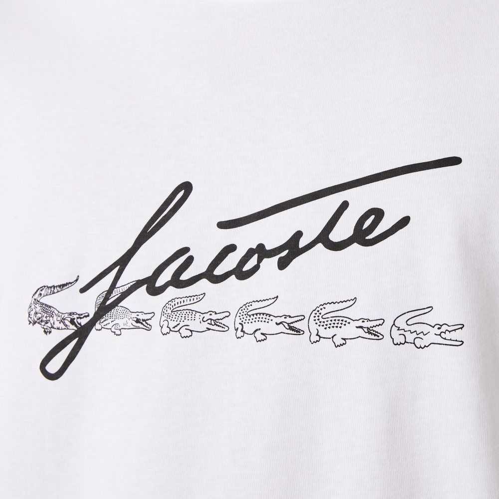 Lacoste Signature And Crocodile Print Crew Neck Bomull Hvite | 5682-ETYMZ