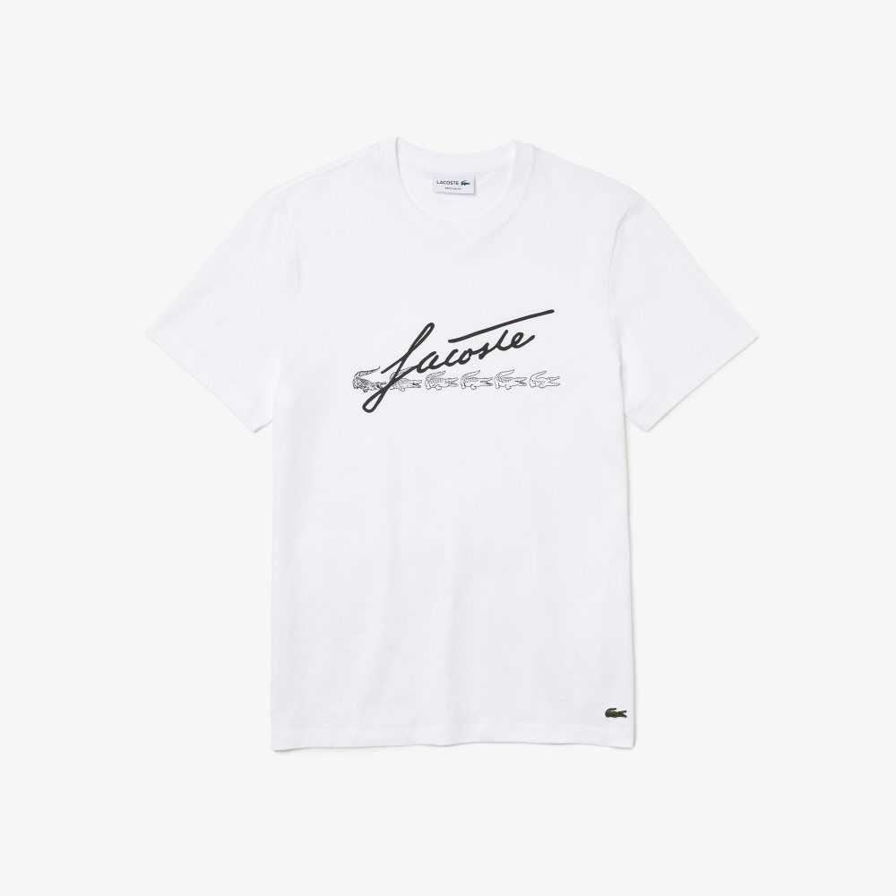 Lacoste Signature And Crocodile Print Crew Neck Bomull Hvite | 5682-ETYMZ